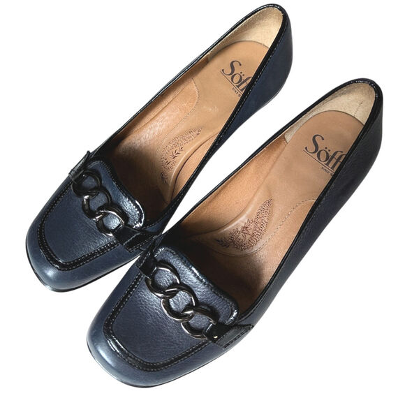 Sofft Rona Leather Comfort Heels in Navy Blue with Black Chain Detail Size 7.5 - Picture 4 of 7